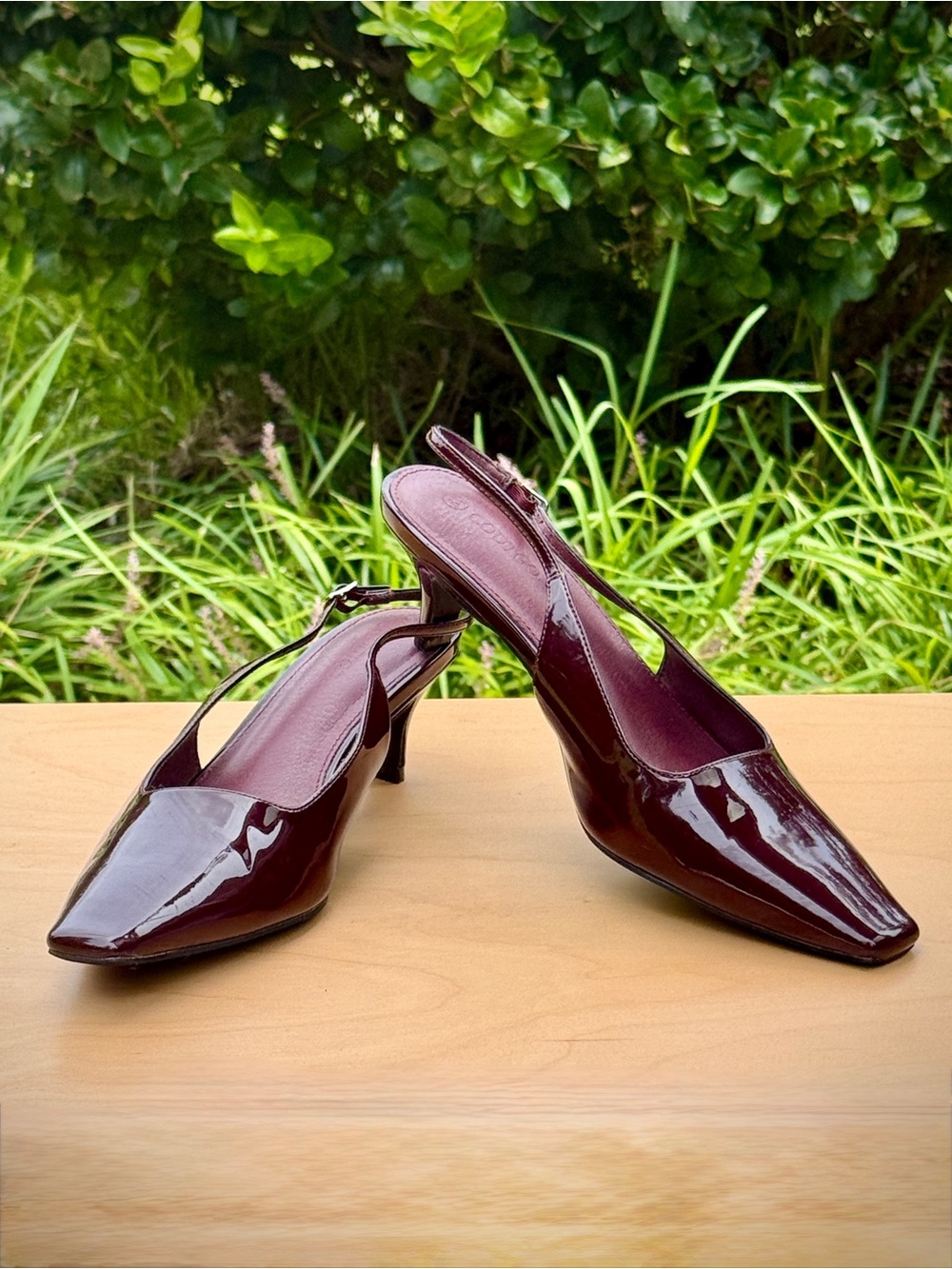 Coutgo Burgundy Patent Slingback Kitten Heels Pointed Toe Coquette Office Siren